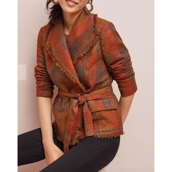 Anthropologie Cartonnier Plaid Wrap Blazer Women 0 Brown Fringe Tweed Fall - Picture 2 of 16